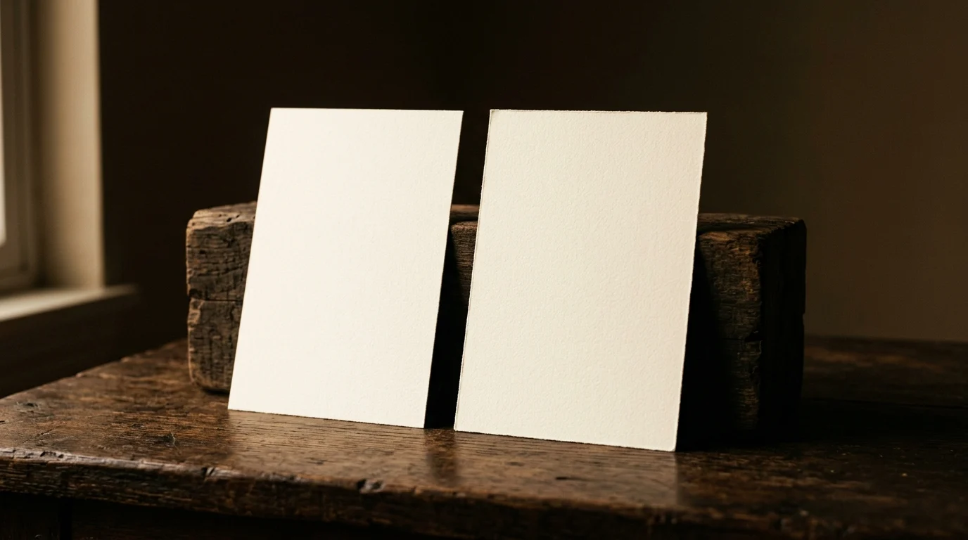 Two blank cream cards standing propped side by side against a wooden block