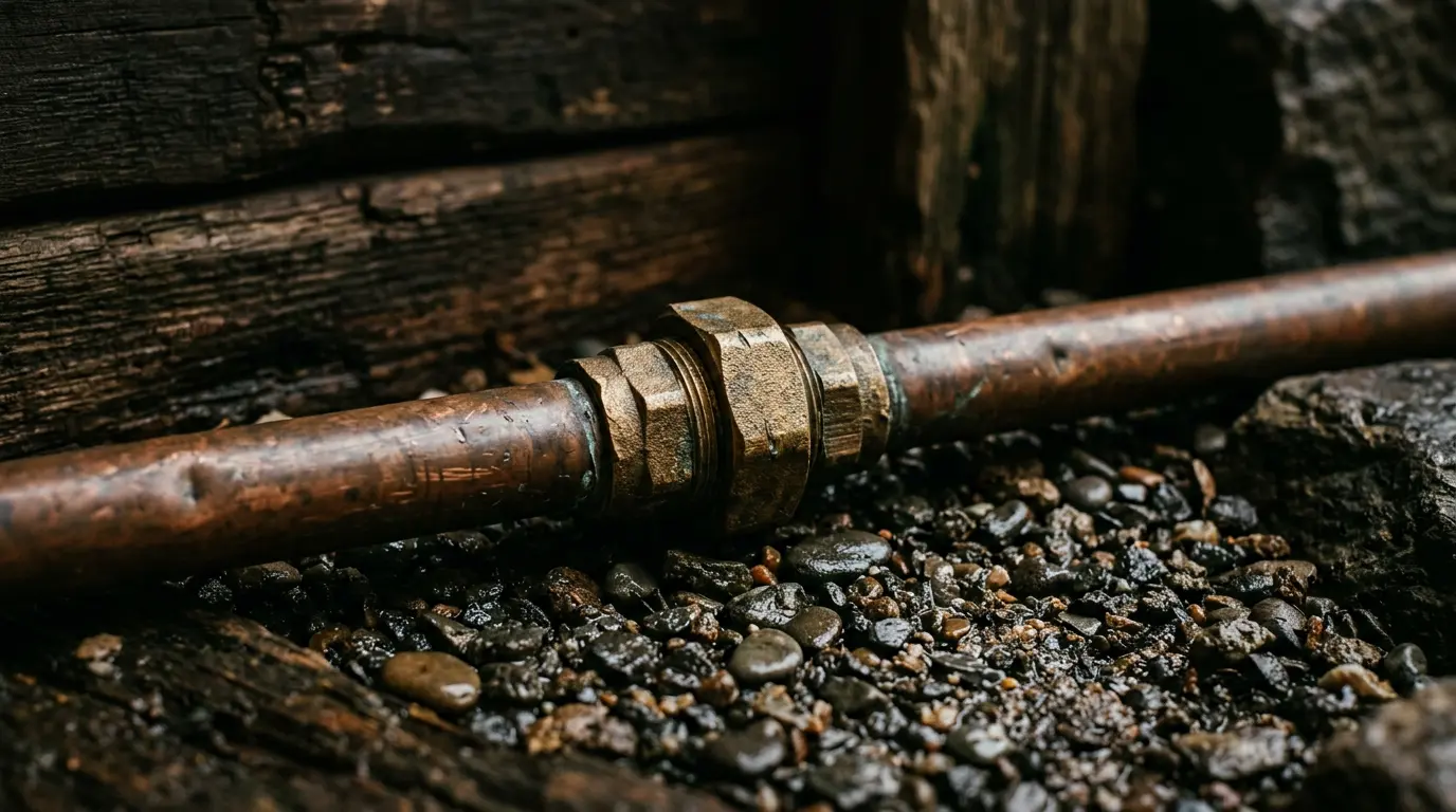 A copper pipe with a brass union fitting lying across dark wet gravel