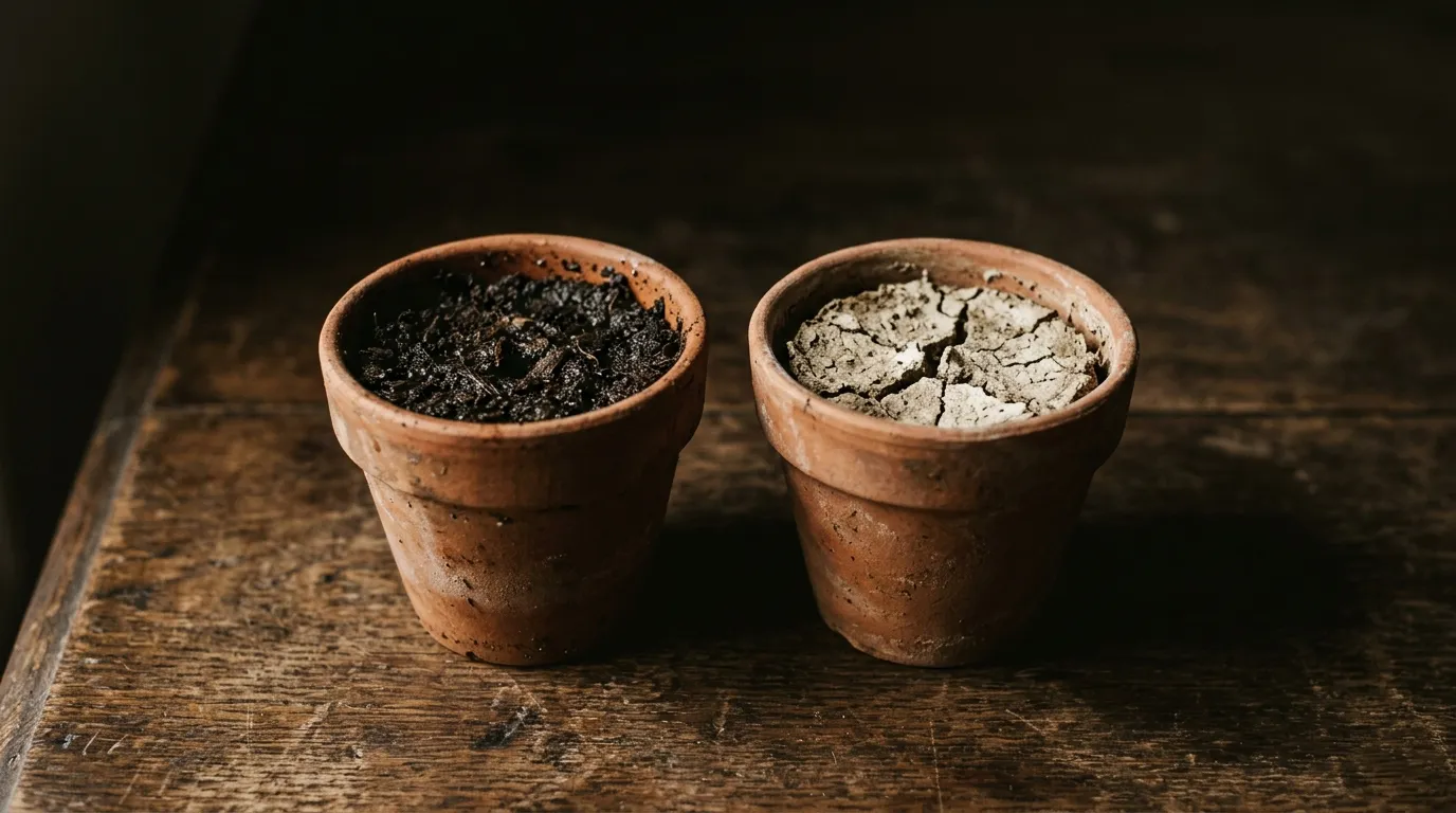 Two terracotta pots side by side, one holding moist soil and one dry cracked soil
