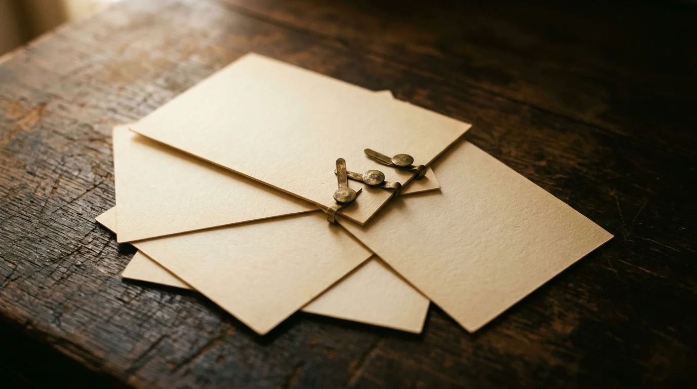 Three brass fasteners joining the corners of three blank sheets fanned into a triangle