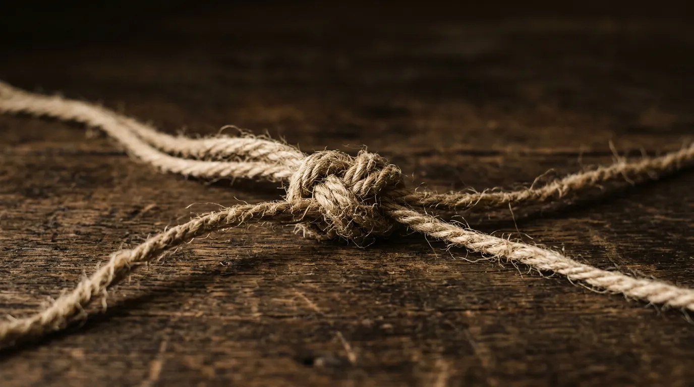 Three lengths of twine knotted together at a single central point