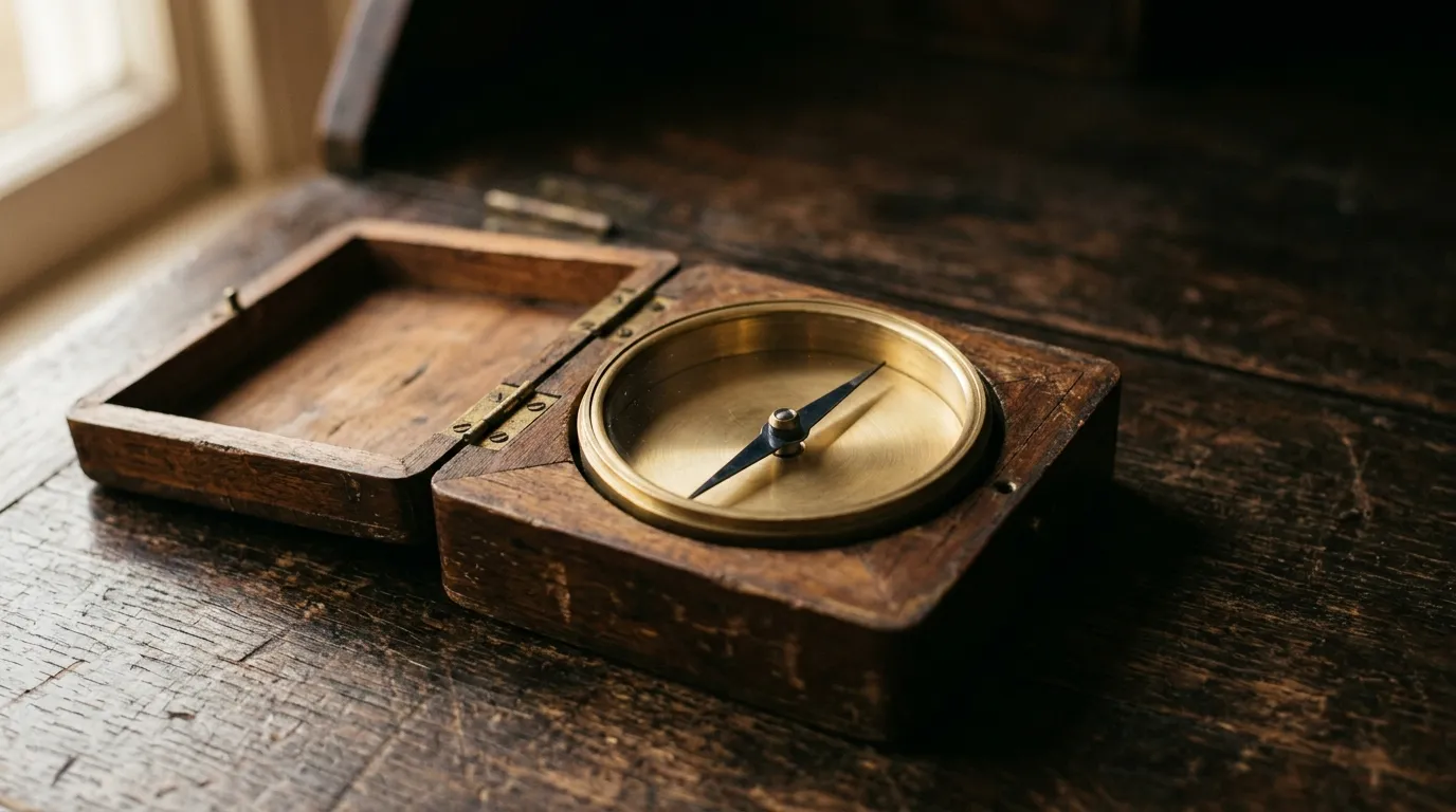 A brass compass lying open on weathered wood with its needle catching the light