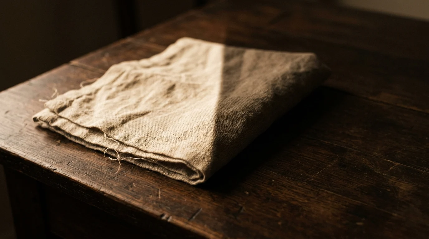 A folded linen cloth lying half in bright light and half in deep shadow