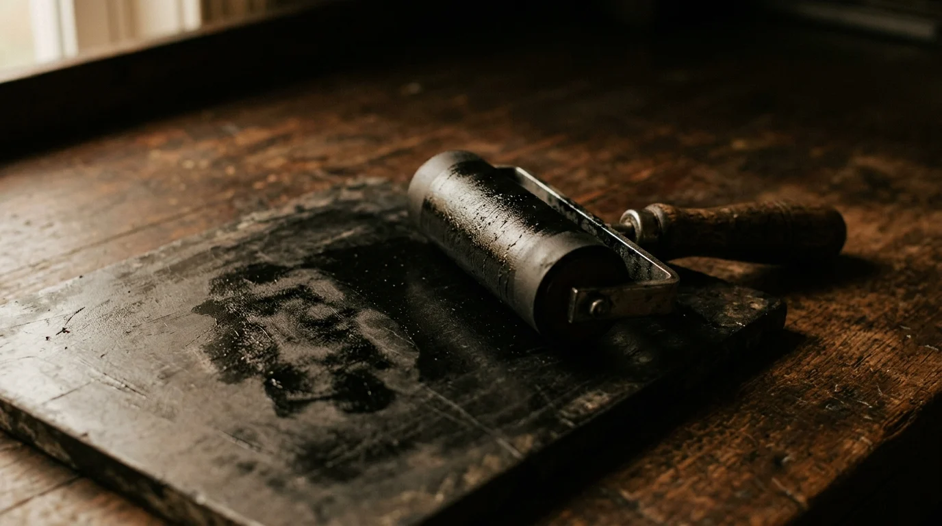 A printer's ink roller resting on an inked slab beside a faint smudged impression