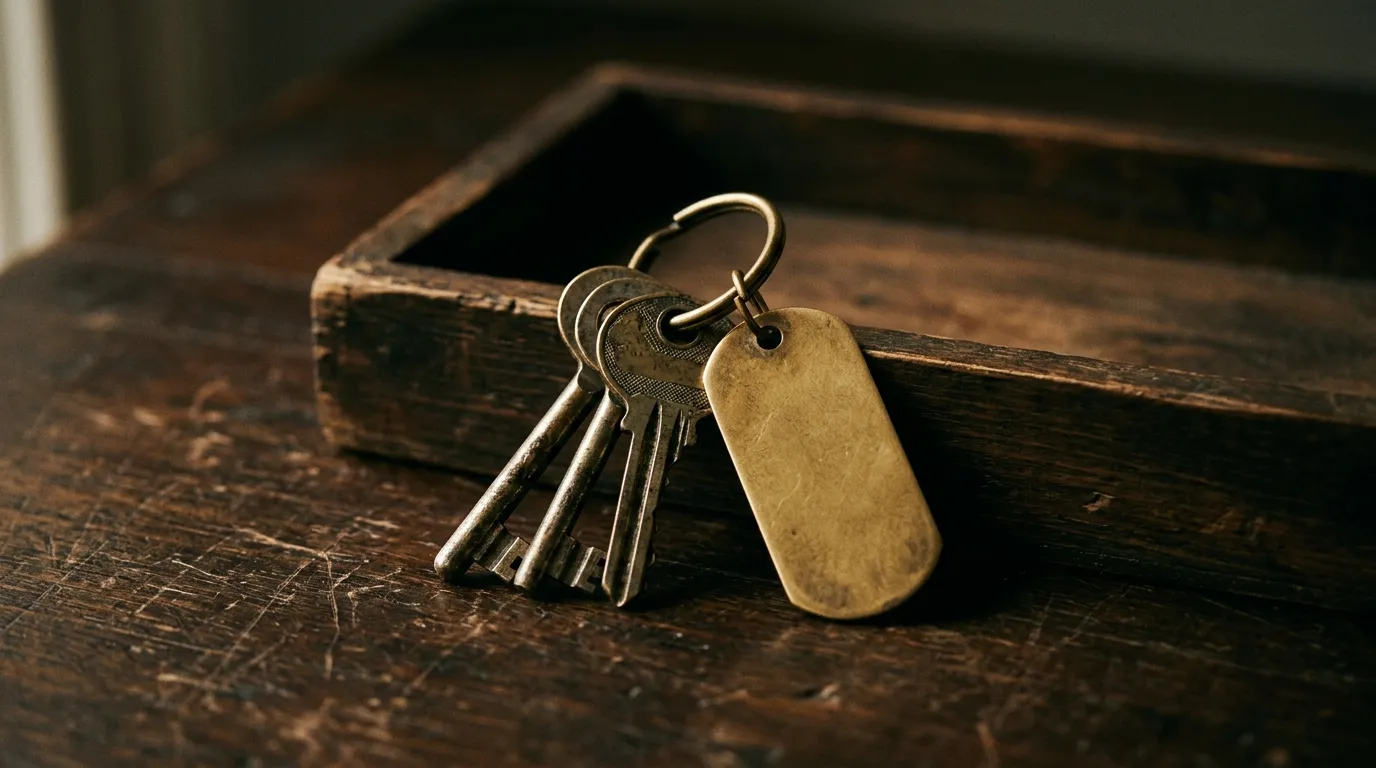 A ring of worn brass keys on a wooden tray with a blank brass tag