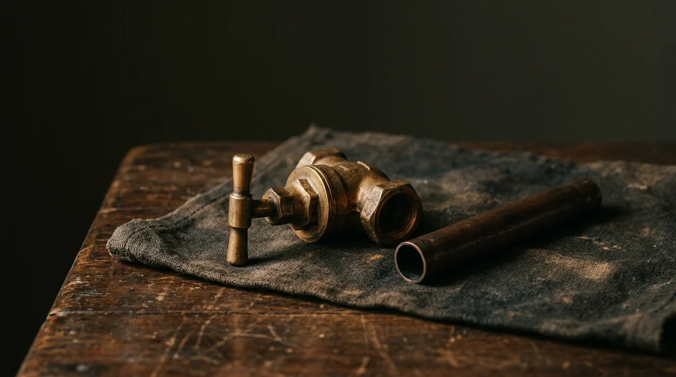 A brass stopcock valve and a short length of copper pipe on a workbench cloth
