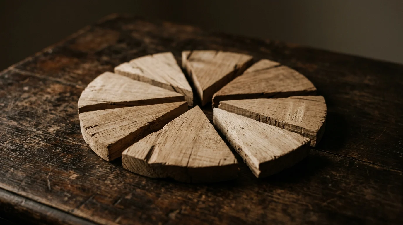 A circular wooden disc cut into unequal wedges lying slightly separated