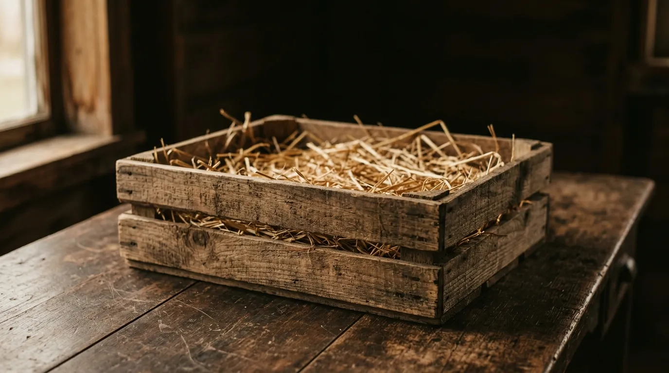A shallow wooden crate half filled with plain packing straw