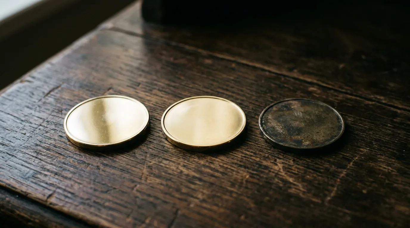 Three brass tokens of identical size in a row, two polished bright and one dull