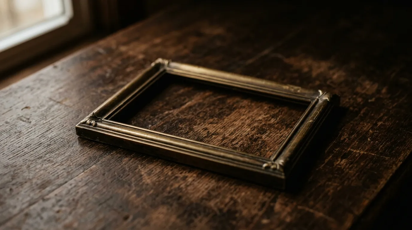 An empty brass picture frame lying face up with nothing inside it