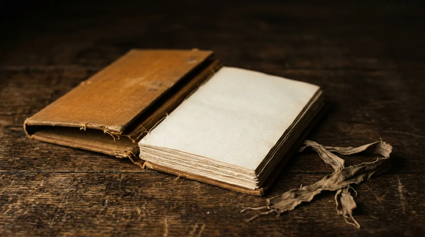 A folder tied with faded cotton tape, its flap lifted to show blank leaves