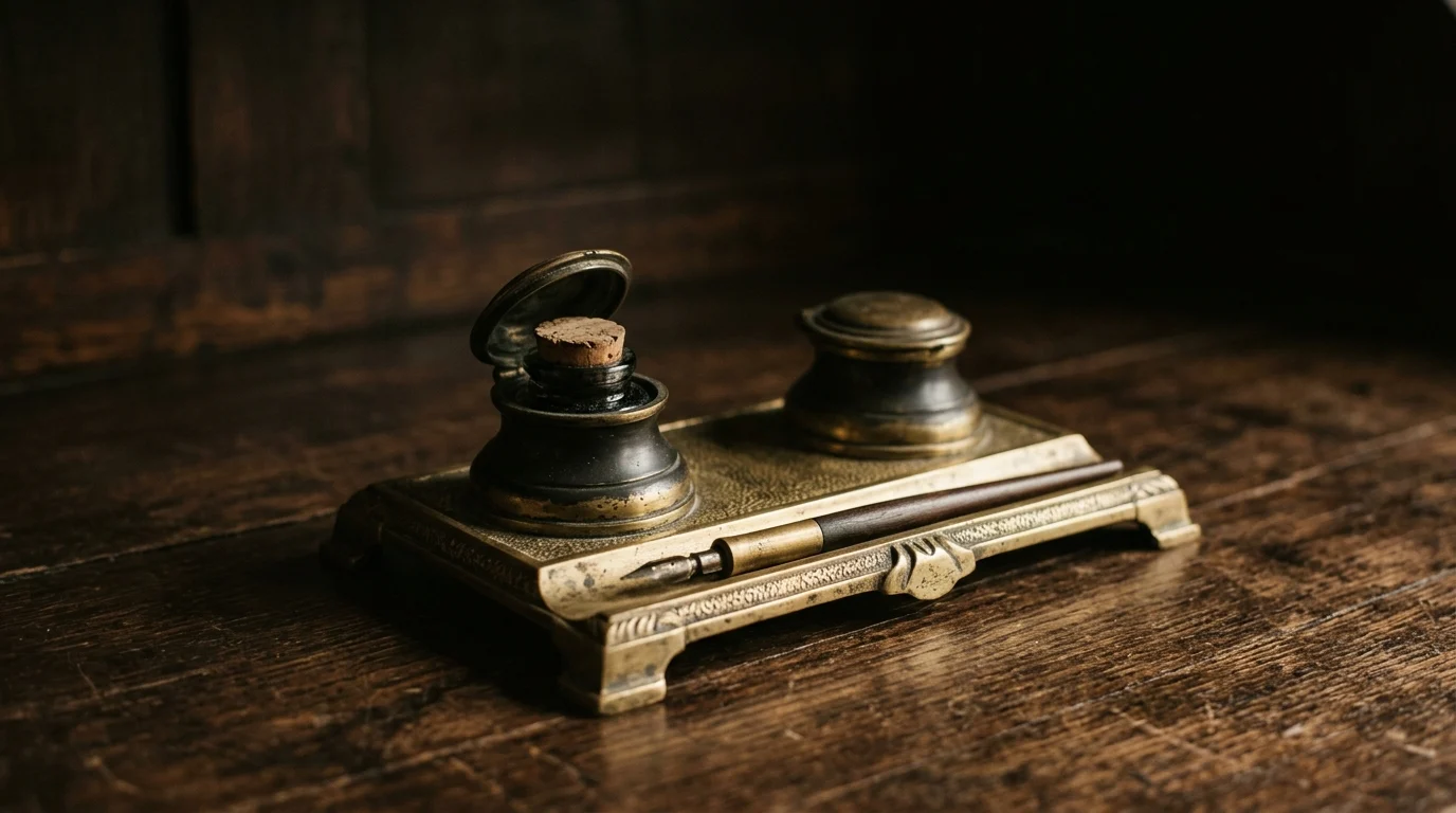 A brass desk inkstand with two wells and a groove for pens