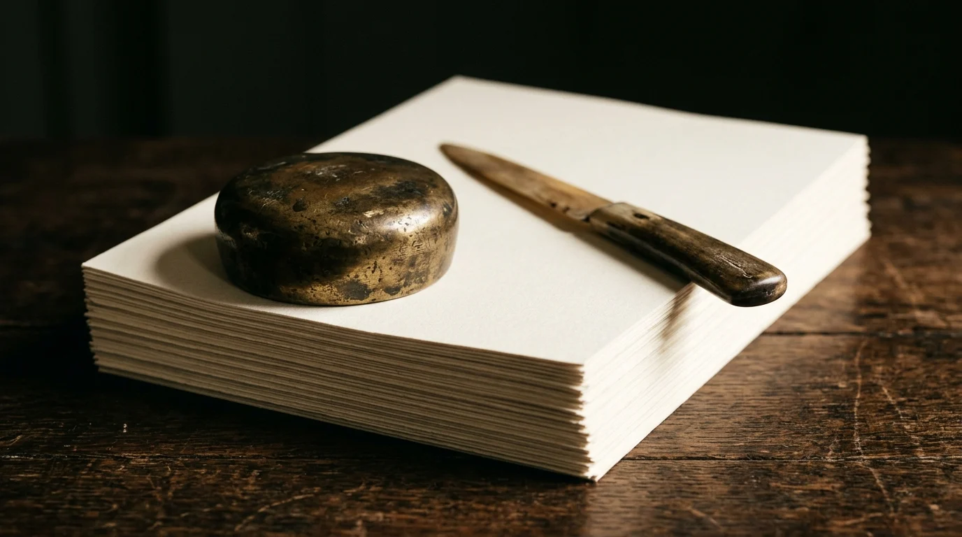 A brass paperweight and a bone letter-opener resting on a stack of blank official papers