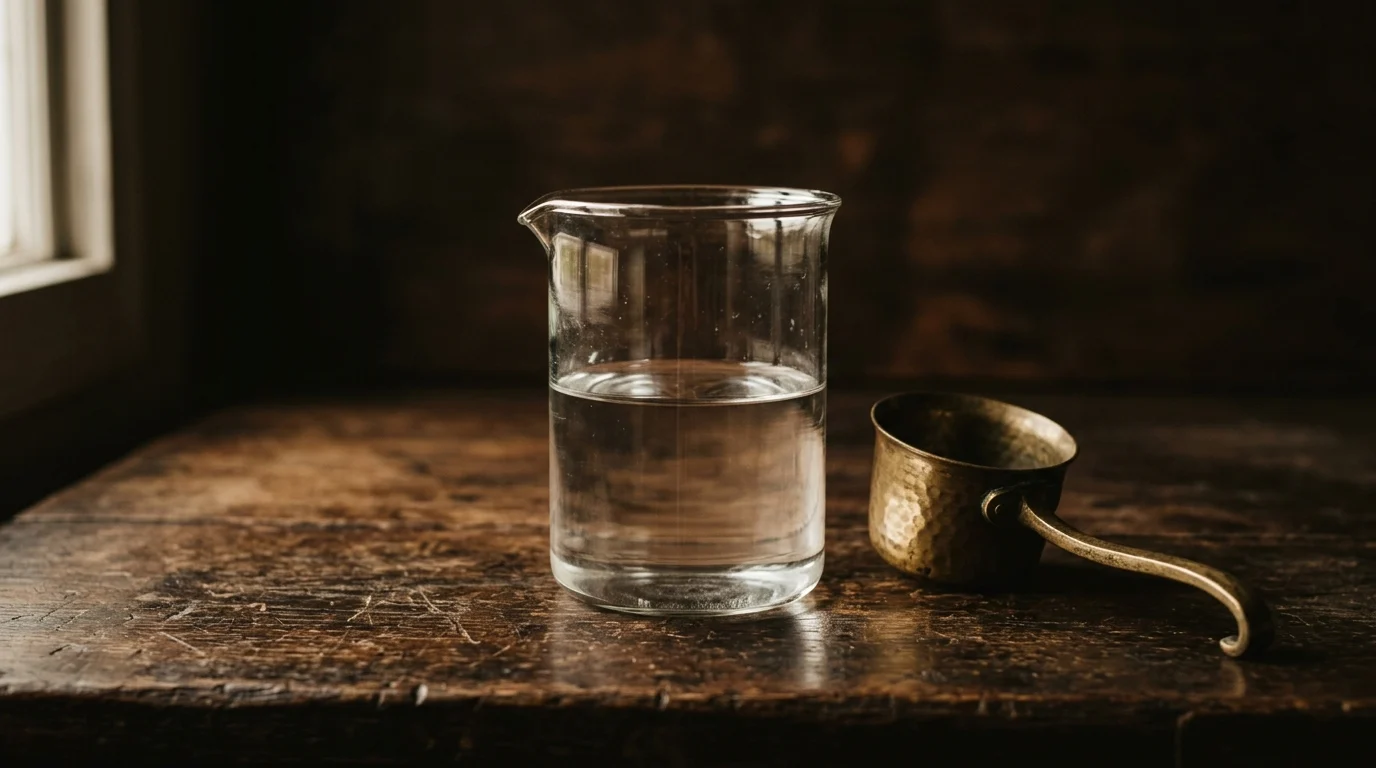 A glass beaker half full of water beside a brass dipper