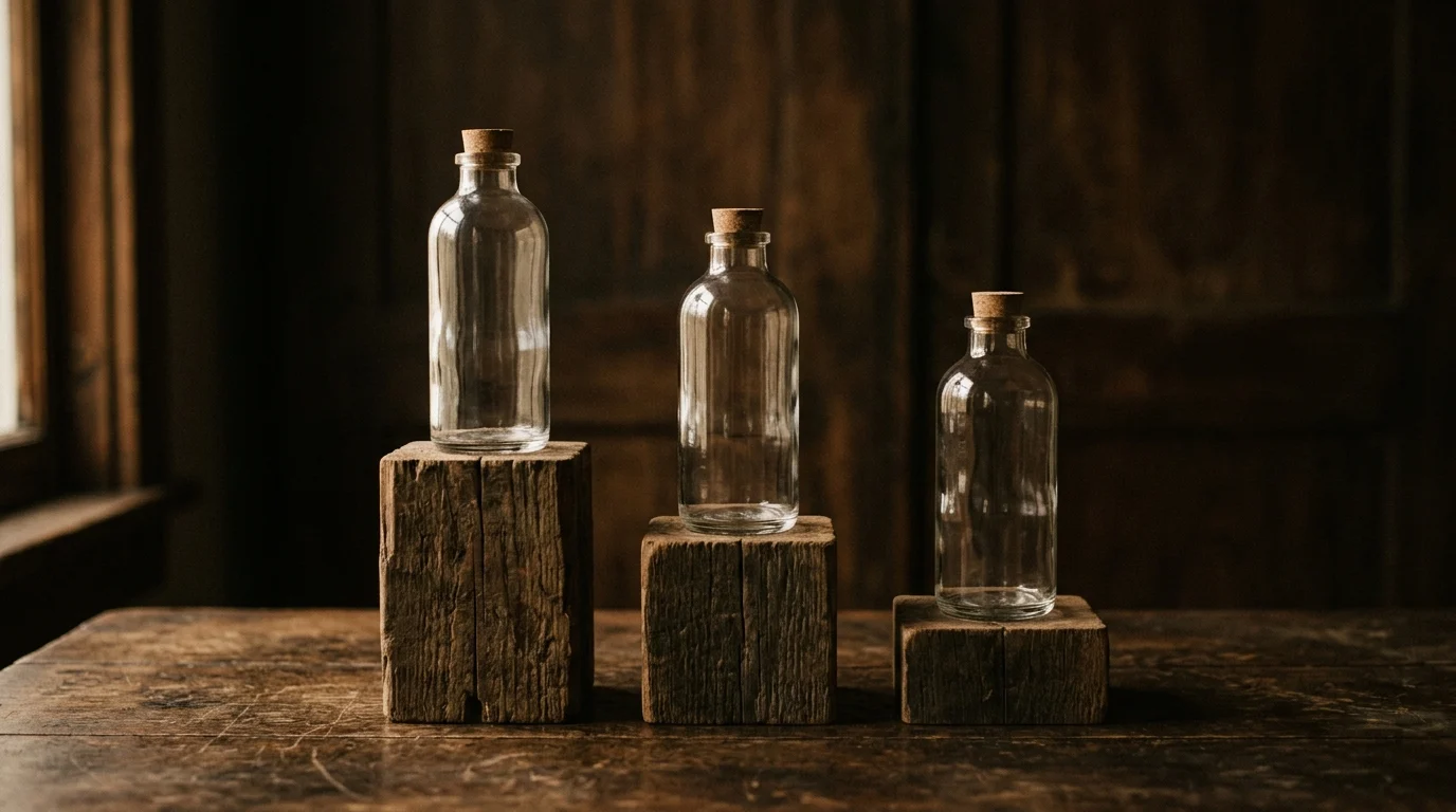 Three identical glass bottles standing on wooden blocks of different heights