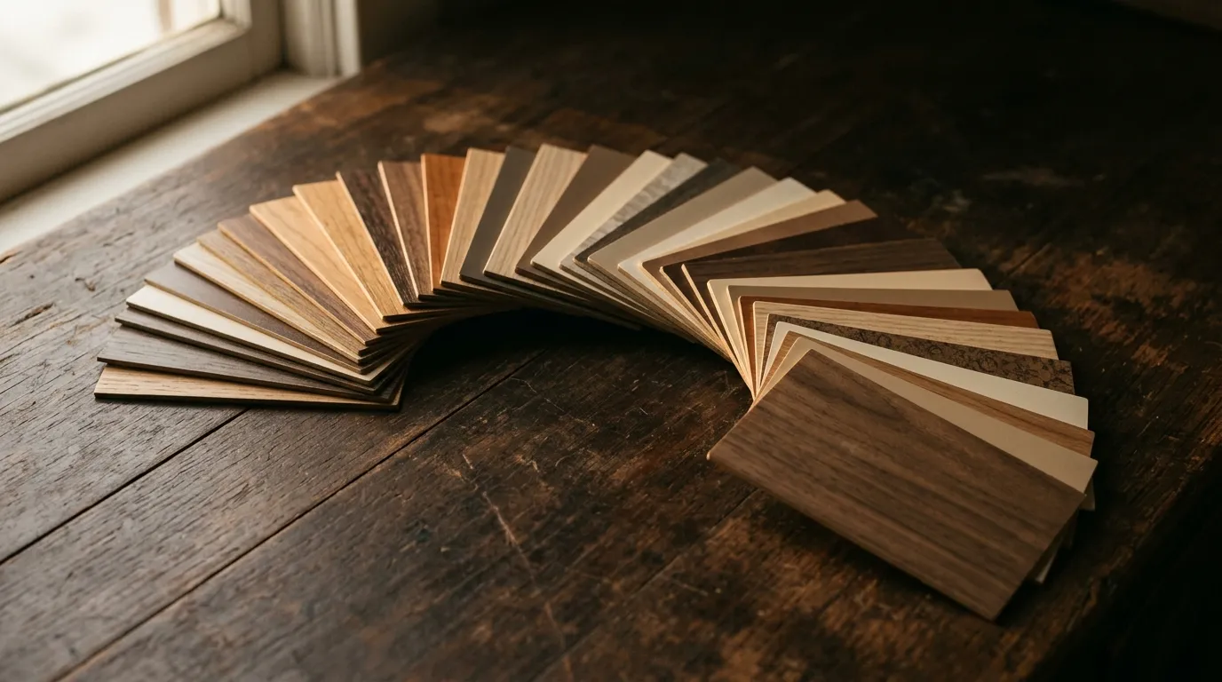 A fan of laminate and veneer sample chips spread in an arc