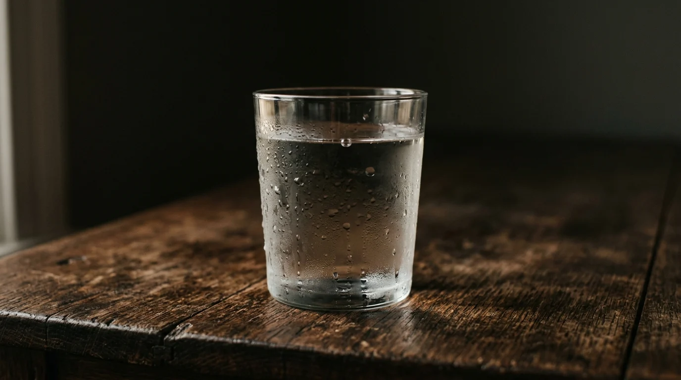 A glass tumbler of water with condensation beading on its outside