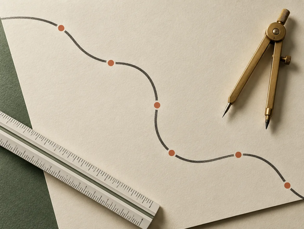 AI-generated conceptual transport-planning still life with a curved line, six terracotta dots, a drafting compass and scale; not an official route map.
