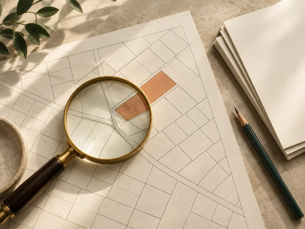 AI-generated conceptual document-review still life with a magnifying glass over abstract parcel lines; not an actual land record.