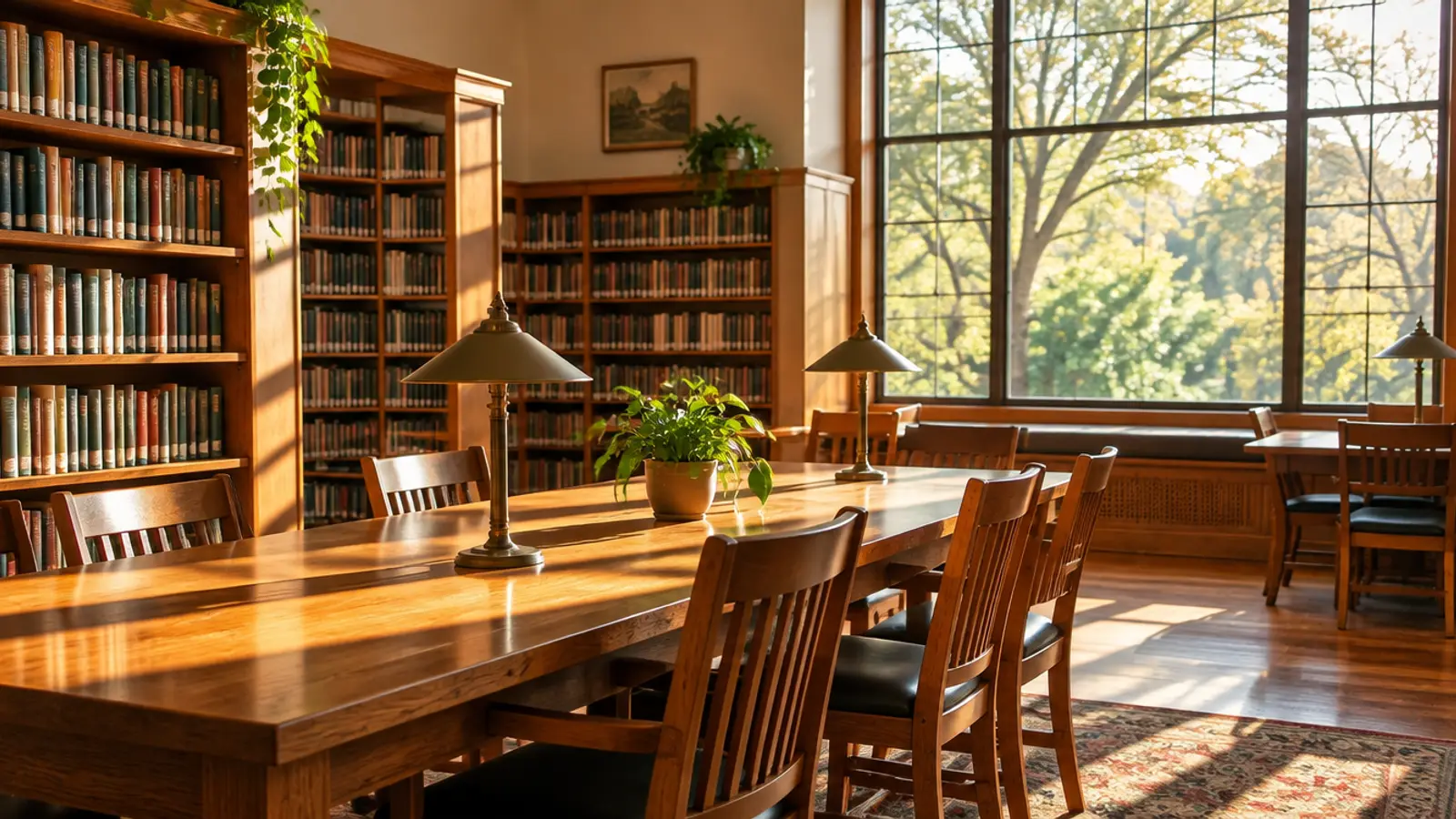 Editorial photograph: morning light through a quiet library reading room with wooden shelves, empty chairs and a tall window onto trees.