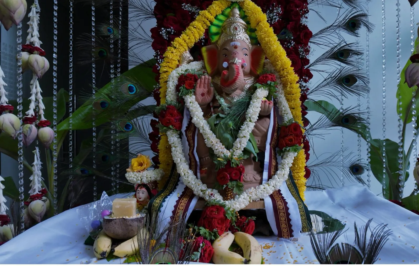 The idol on its decorated platform, ringed by rose, marigold and jasmine garlands with peacock feathers standing behind it.
