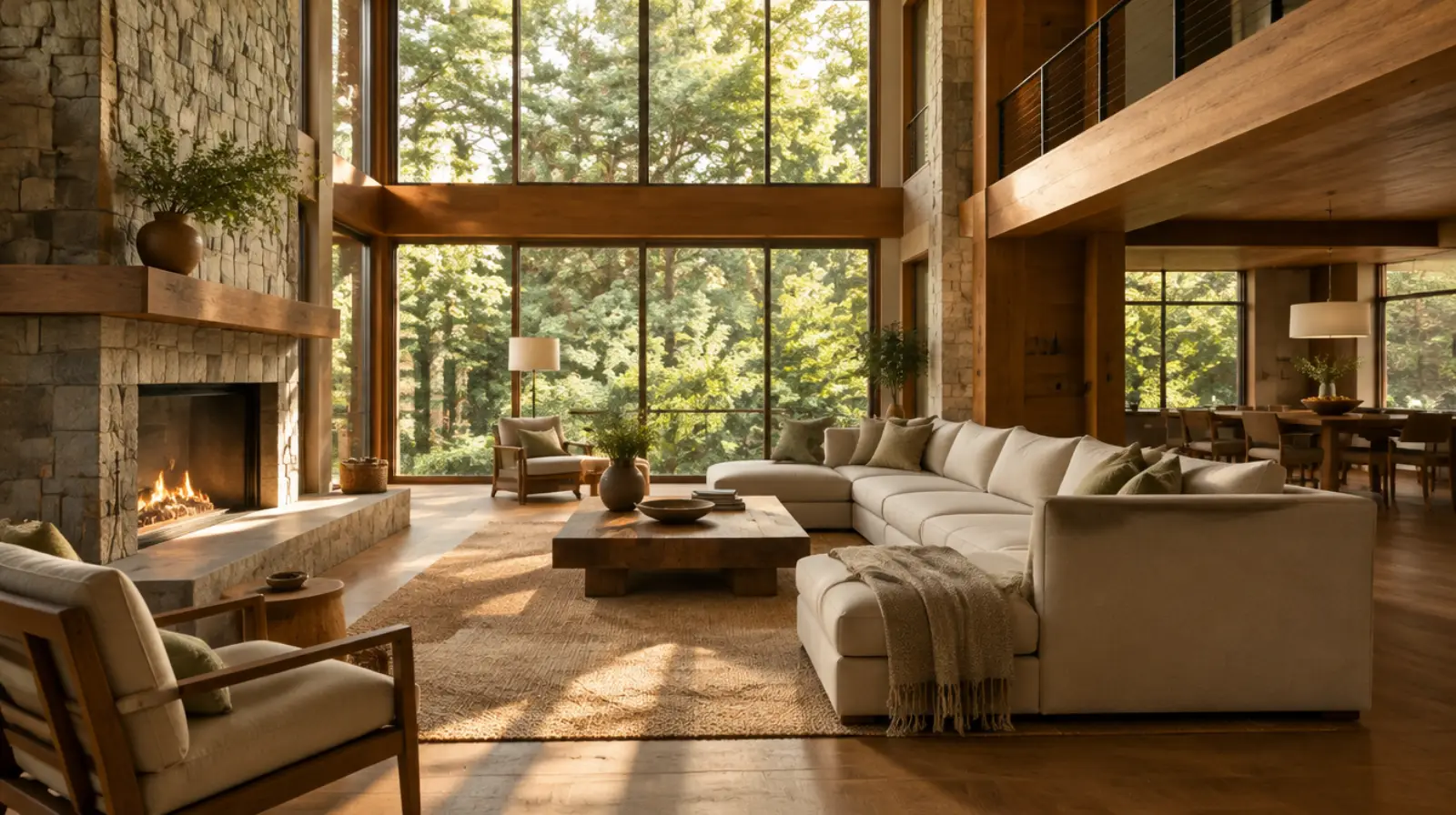 Artist's impression: a spacious double-height living room in timber, stone and linen, with tall windows onto a green tree canopy in golden afternoon light. Illustrative, not a SUYUG home.