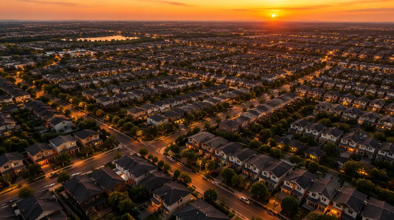 A large, dense residential township of repeated tower blocks seen from above at dusk