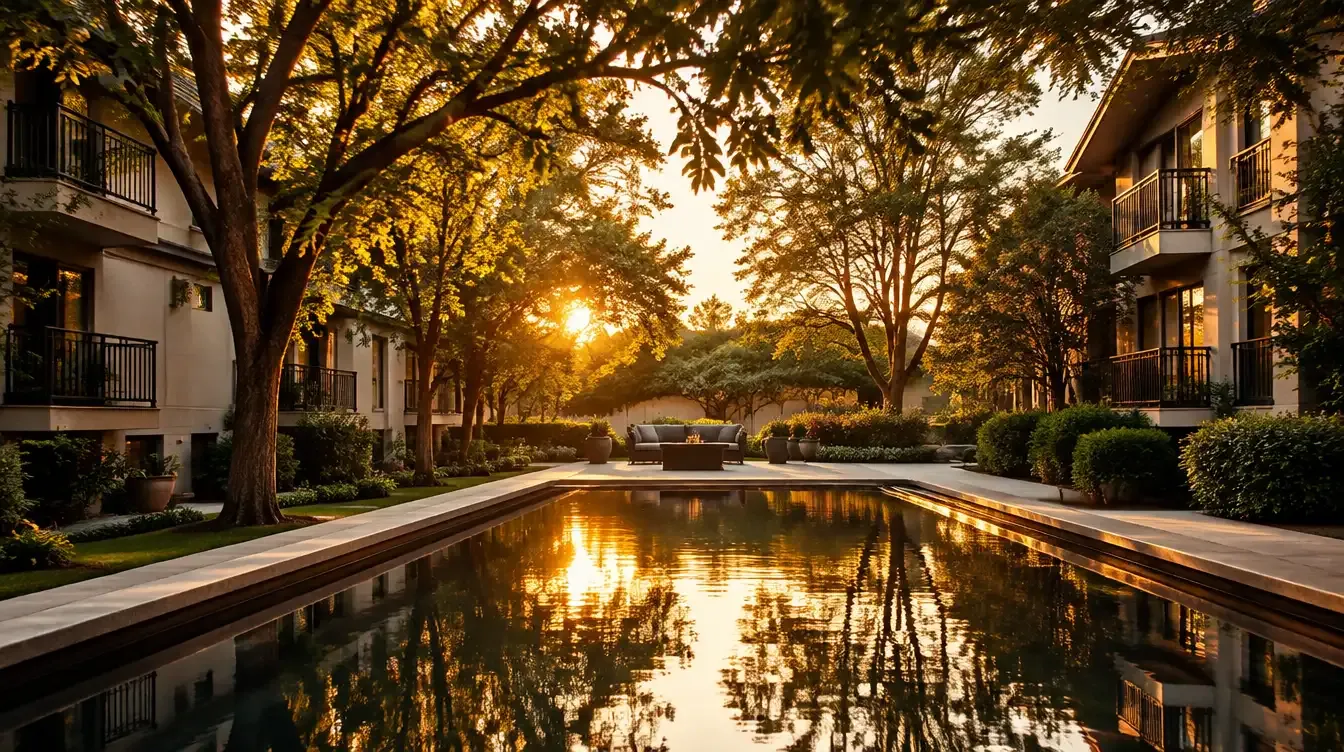 A calm courtyard between two low-rise residential blocks, with mature trees and a reflecting pool at golden hour