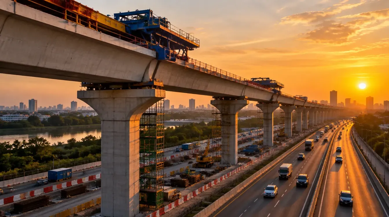 An elevated metro guideway under construction above a highway at golden hour