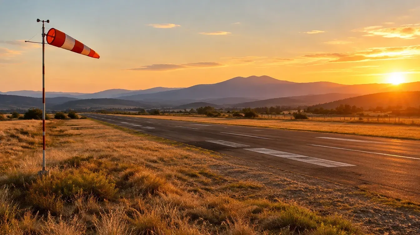 An empty rural airstrip at sunrise with a windsock, dry grass and low hills in the distance