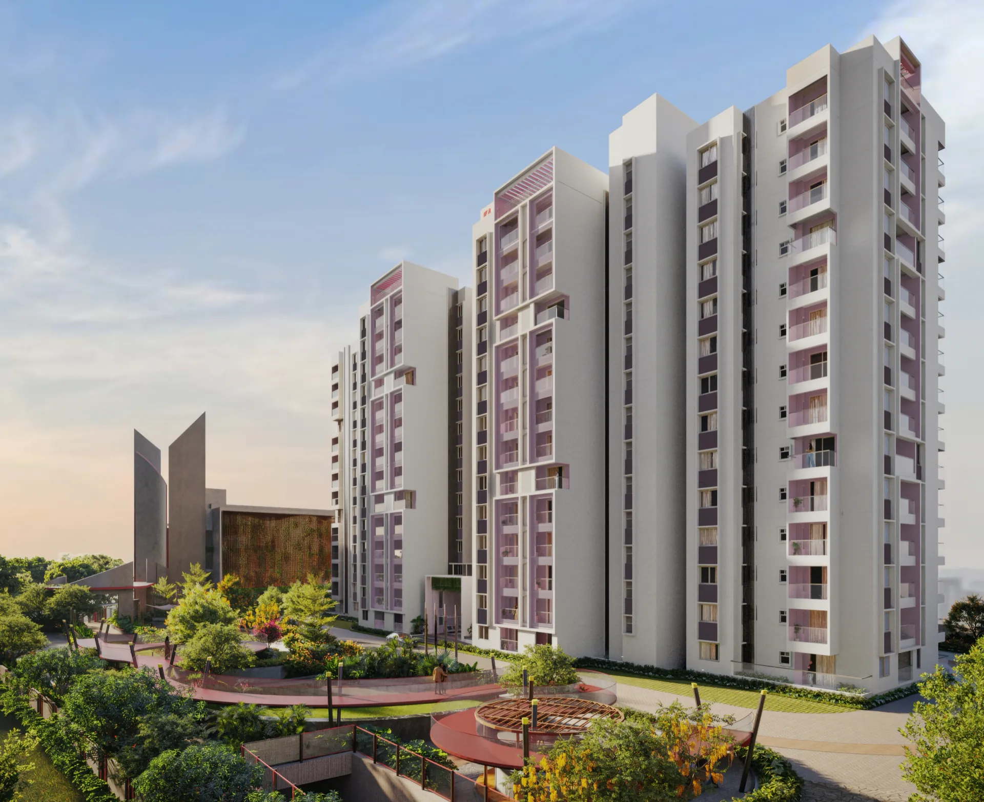 Morning view of the residential towers, with the curving raised walkway and planted courtyard below