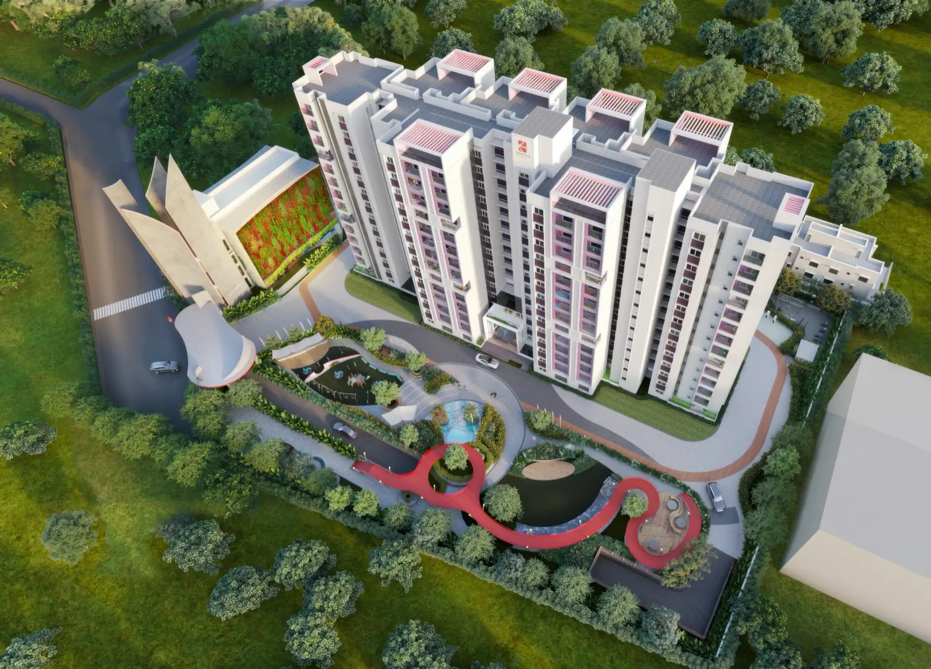 Aerial view of the whole enclave: the tower cluster, the entrance pavilion with its green wall and the landscaped grounds