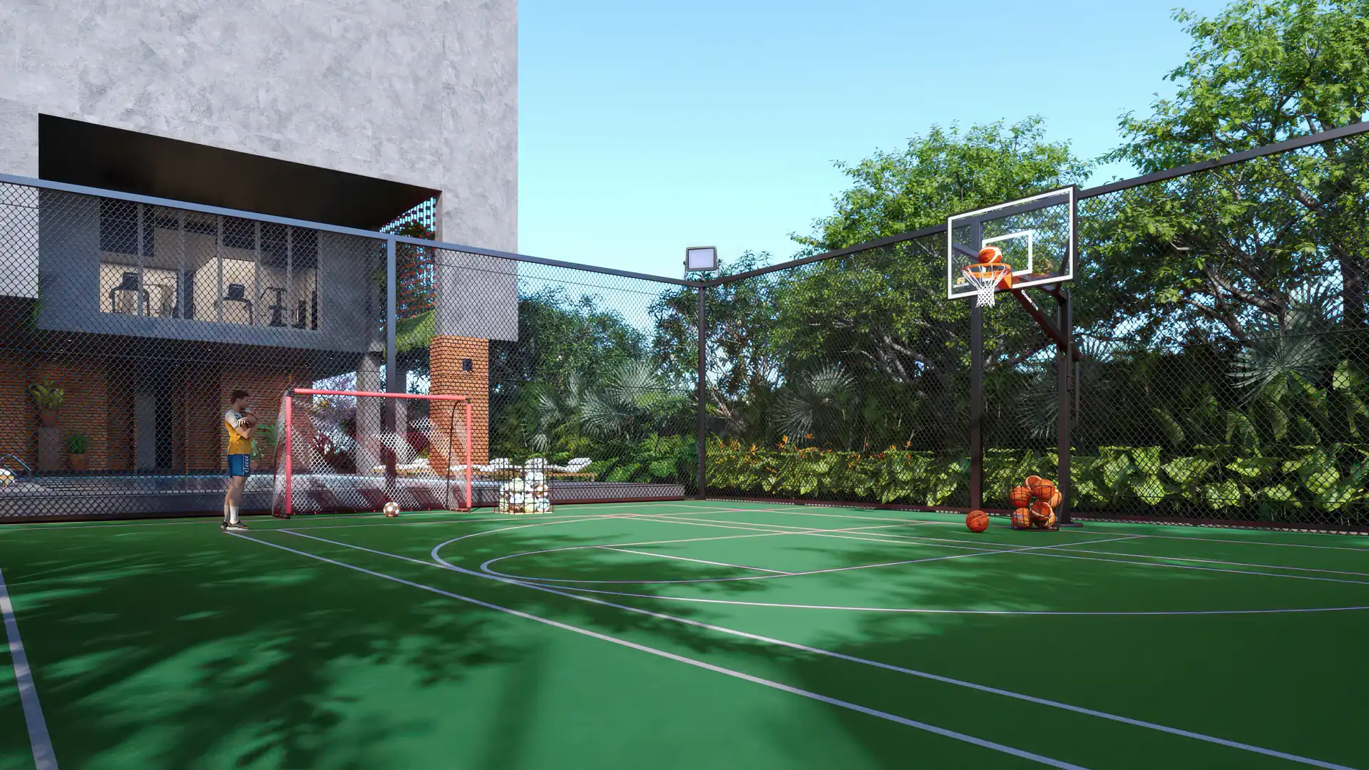 Fenced multi-sport court with a basketball hoop, backed by the gym block