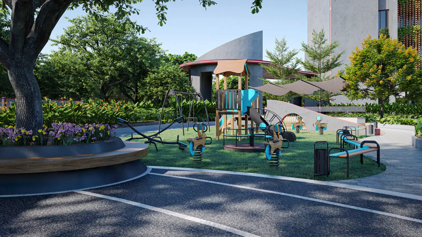 Children's play area on the lawn — swings, spring riders and a climbing tower with a slide