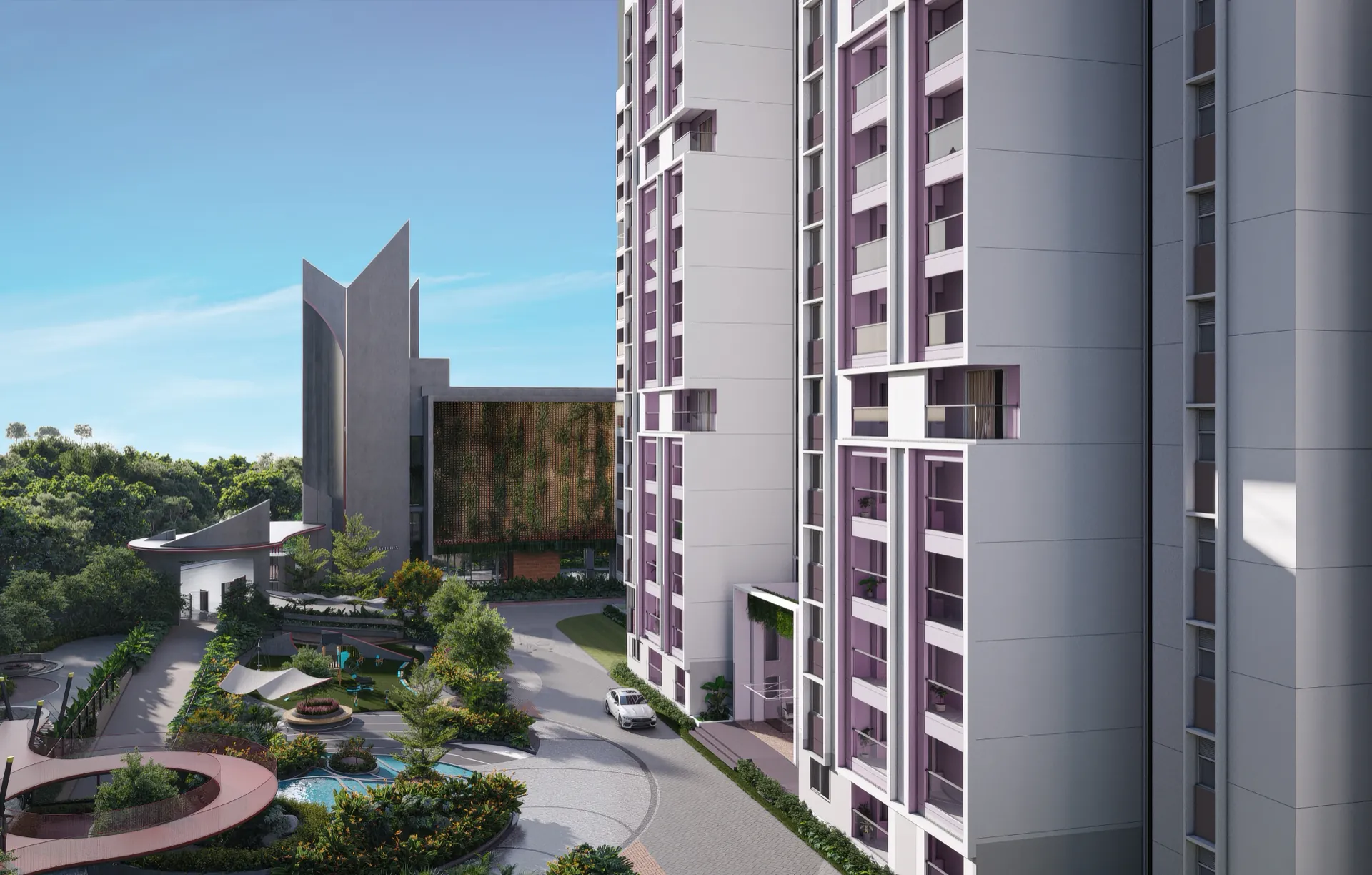 Courtyard view between two towers looking toward the clubhouse and its green wall, with the pool, play area and curving red walkway below