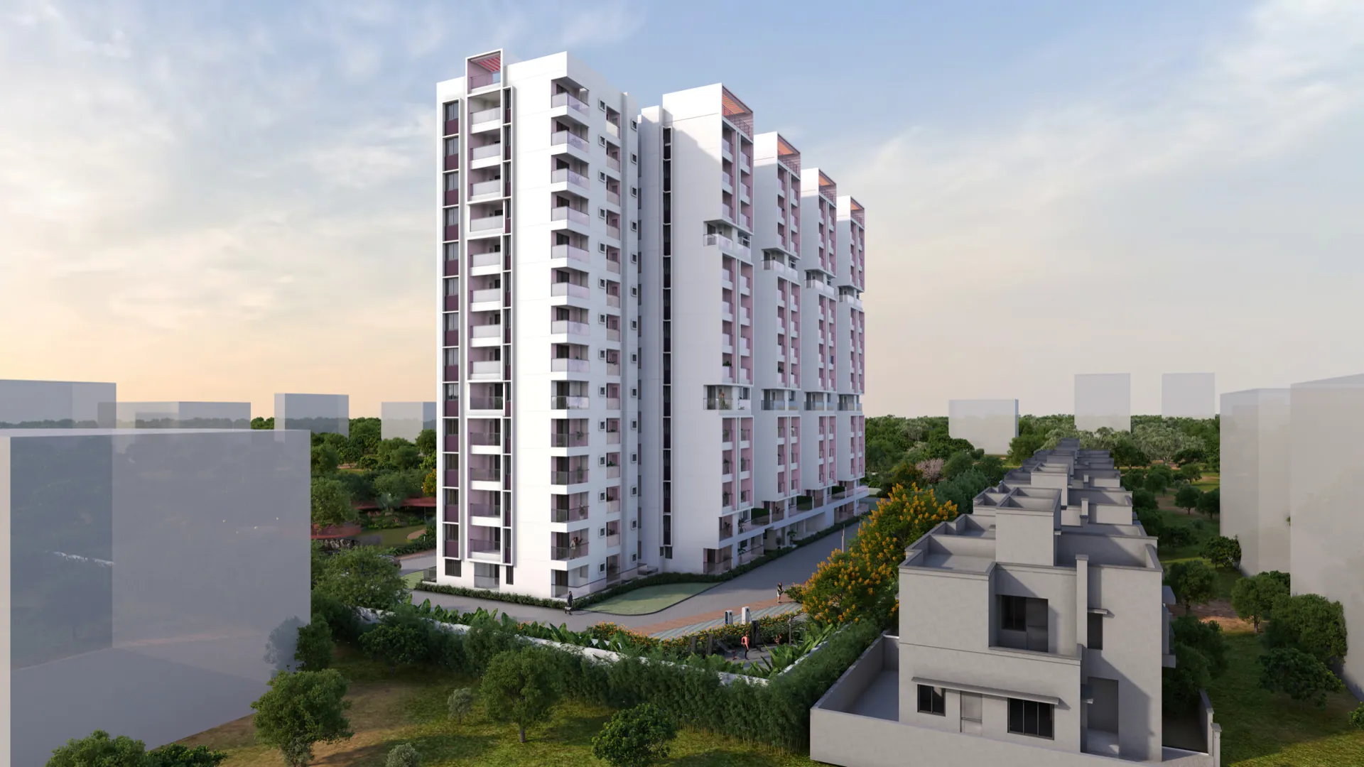 Rear elevation of the stepped apartment towers at dusk, with the internal road alongside