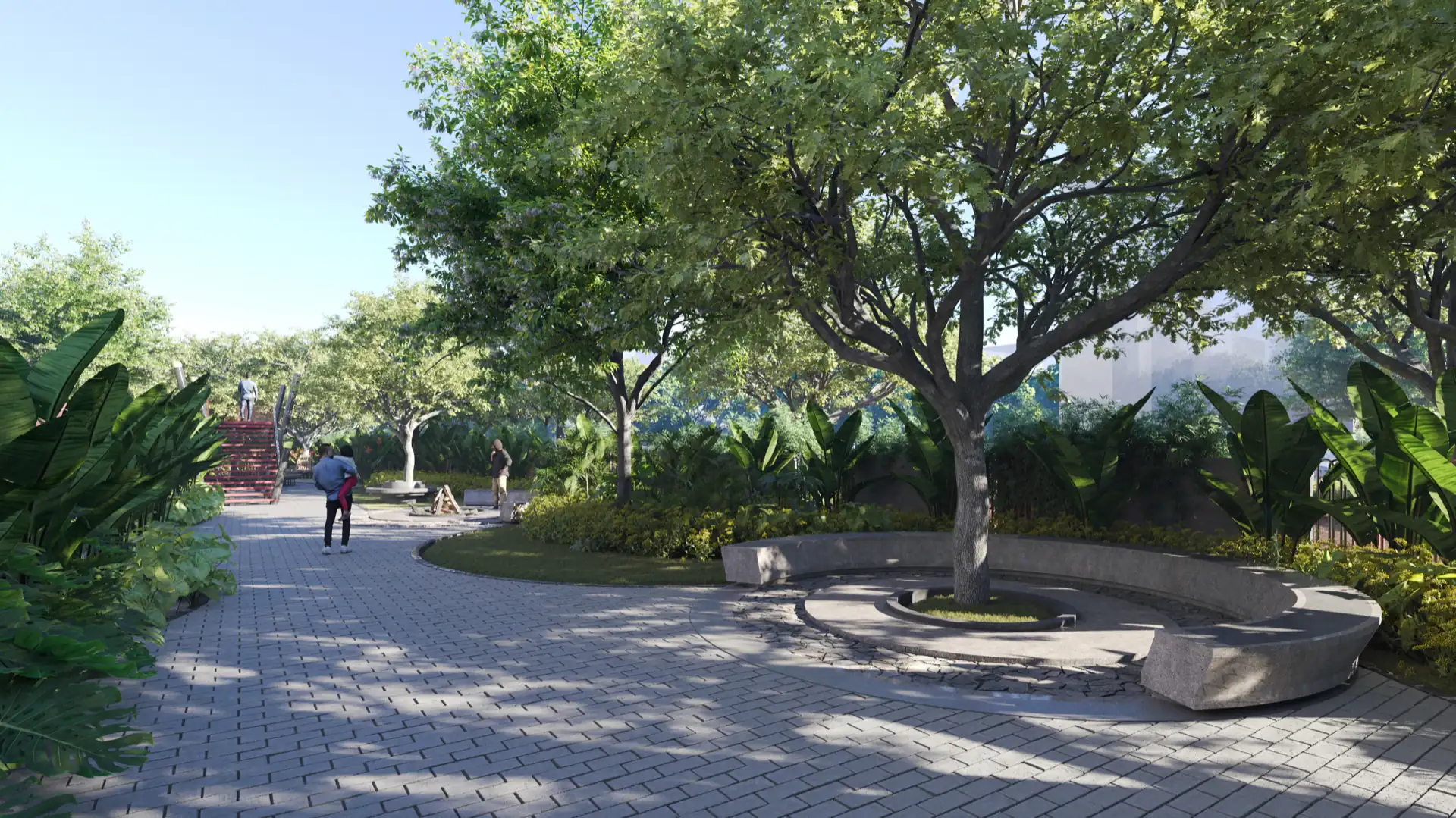 Shaded garden walkway with a circular tree seat, leading toward the raised skywalk bridge