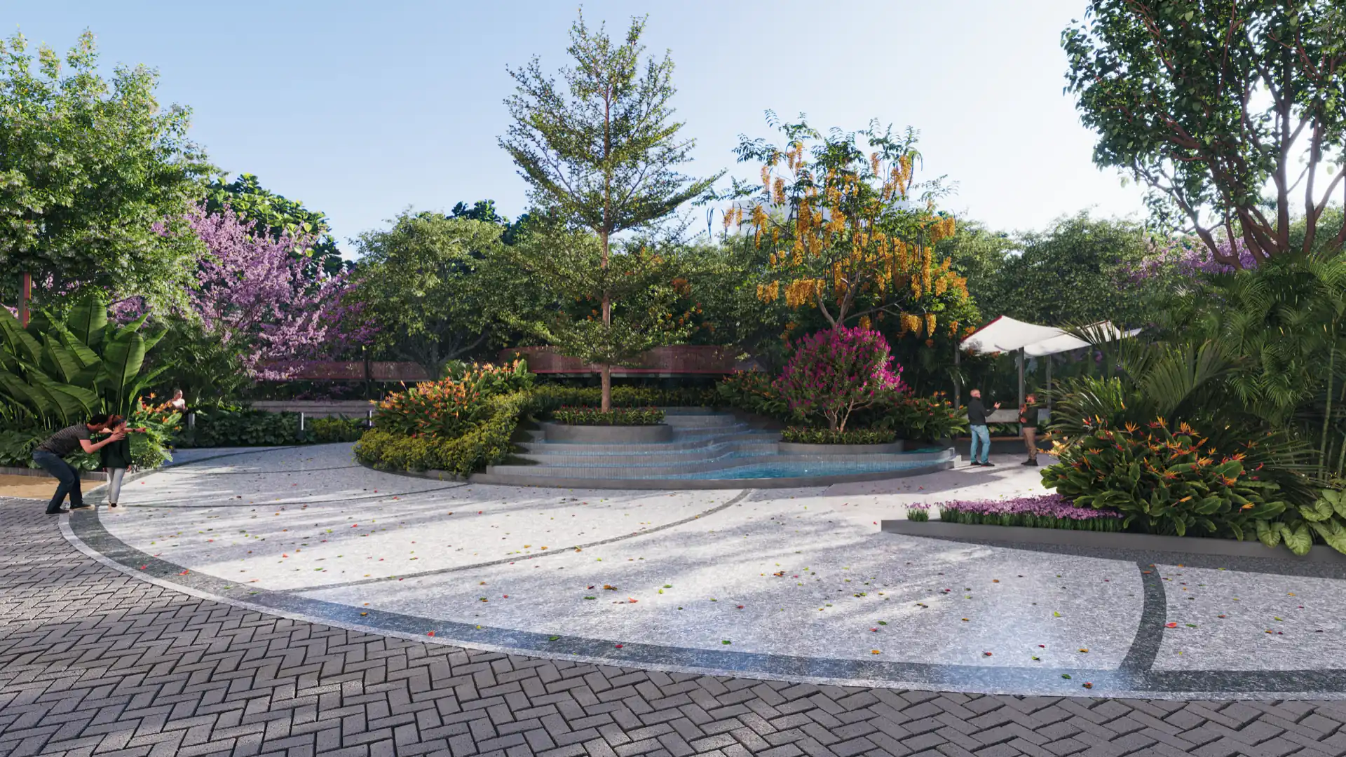 The amphitheatre plaza with its terraced water steps, granite paving and flowering trees