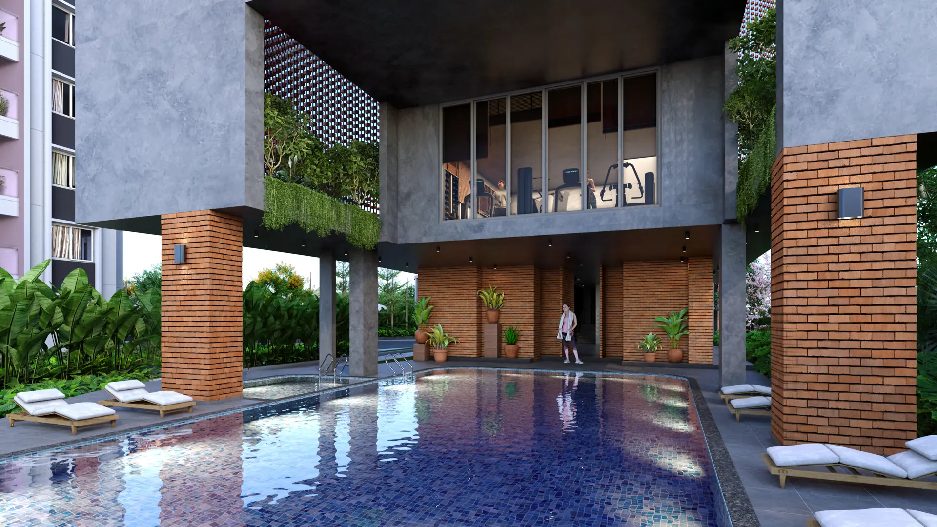 The swimming pool set beneath the podium, edged with timber loungers and exposed brick planters