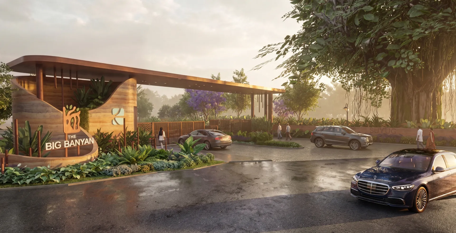 Render of the entry arch at golden hour, seen at an angle; a large banyan tree with aerial roots stands at the right of frame.