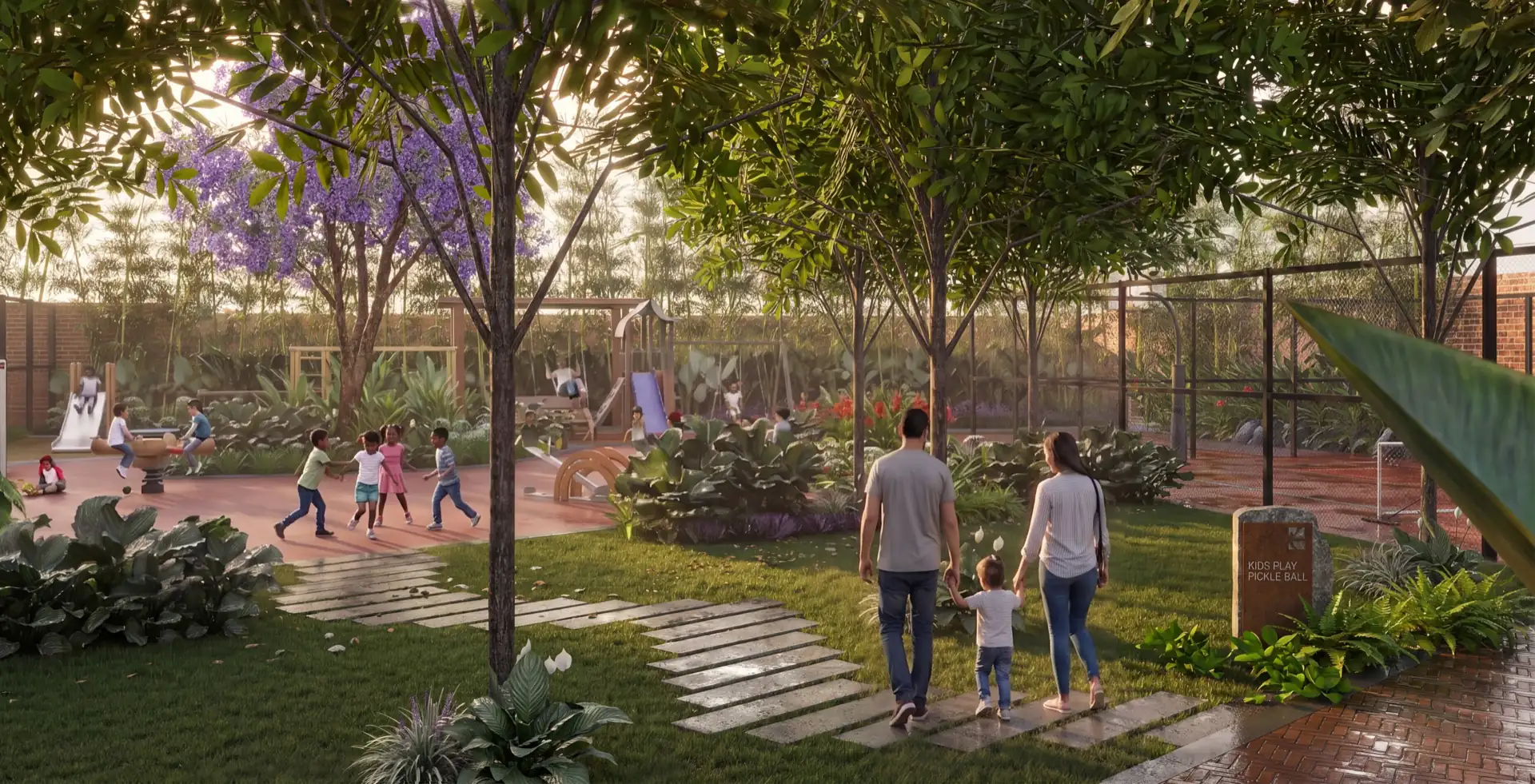 Render of the kids' play area: children on slides and swings, a family walking a stepping-stone path across the lawn, a fenced court beyond.