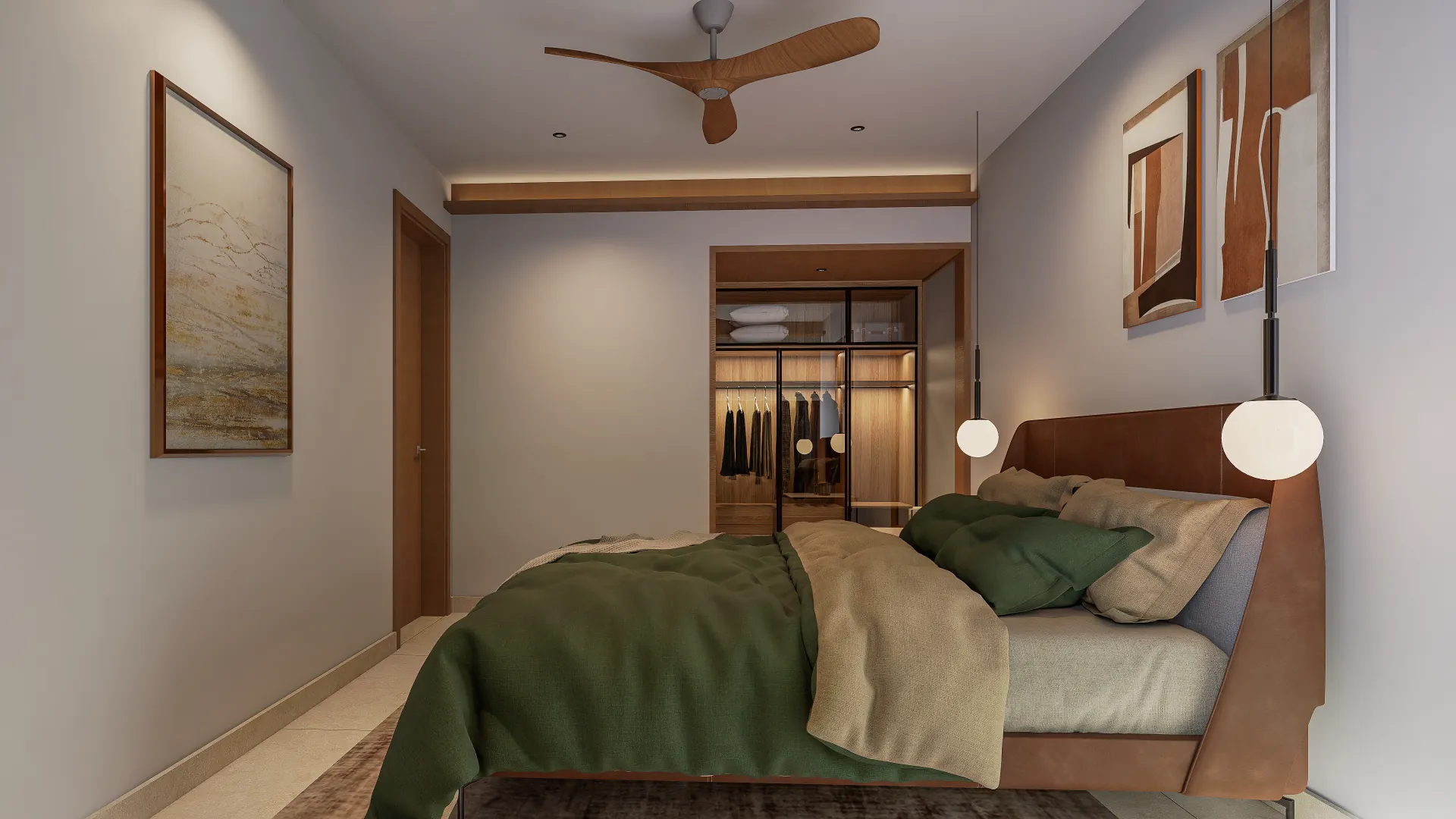Bedroom with a leather-upholstered bed in green and linen bedding, and a glass-fronted walk-in wardrobe