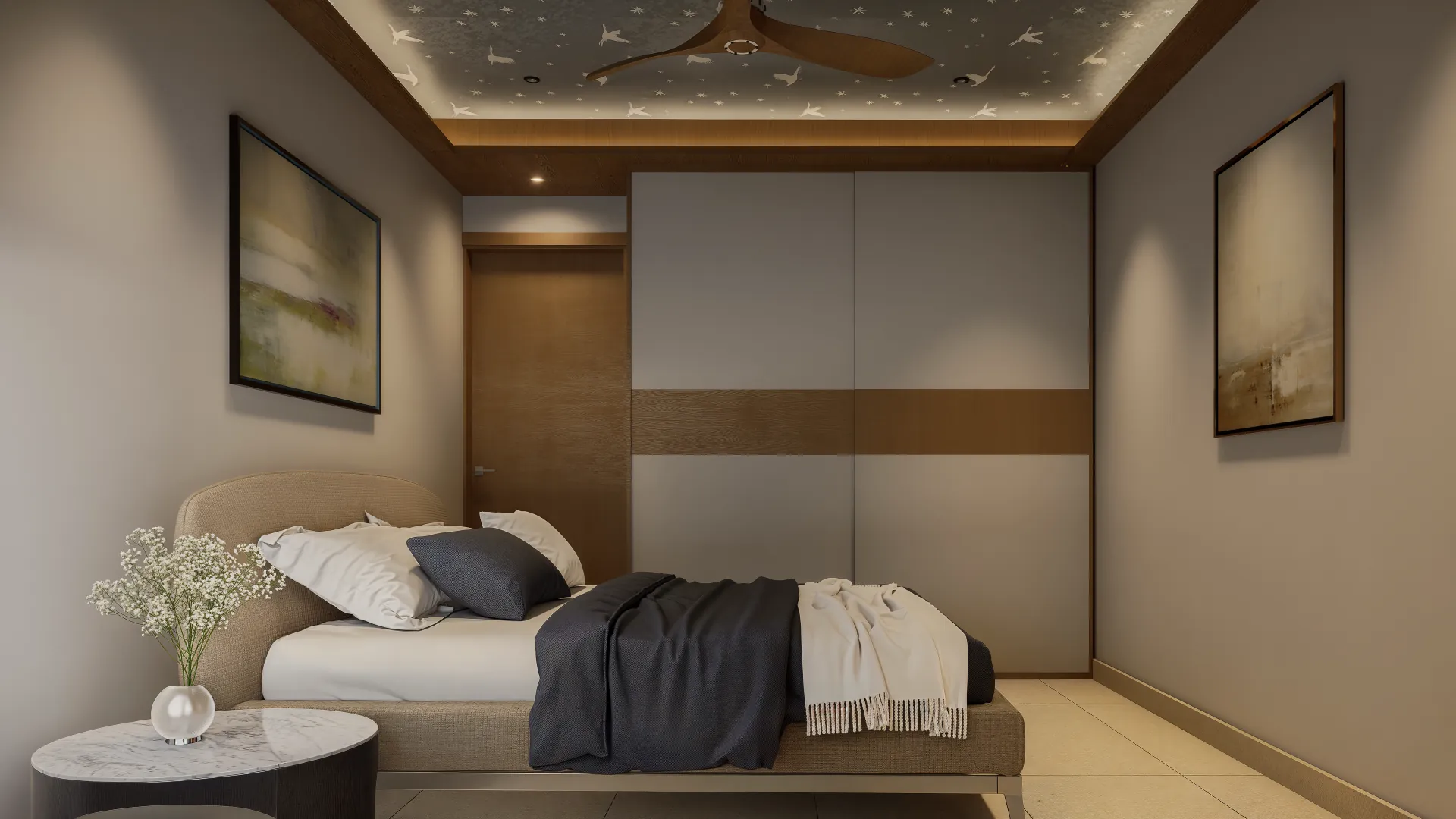 Compact bedroom with an upholstered bed, sliding wardrobe and a marble-topped bedside table