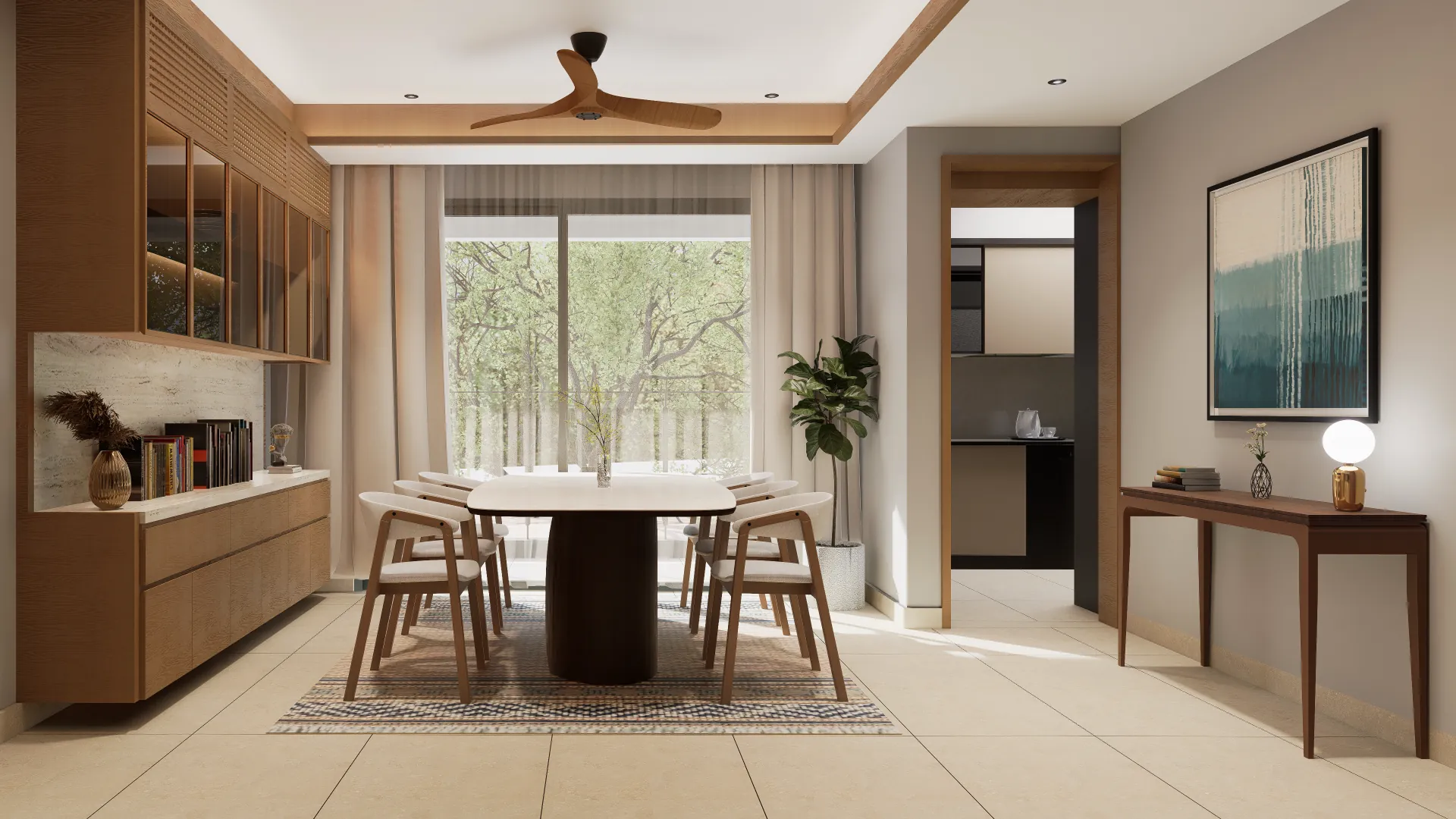 Dining area with an oval six-seater table on a woven rug and a full-height window onto the tree canopy