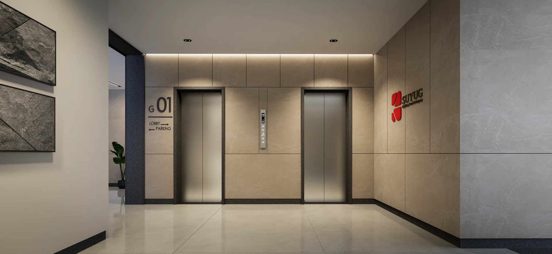 Ground-floor lift lobby with two elevators in stone-clad walls and level signage