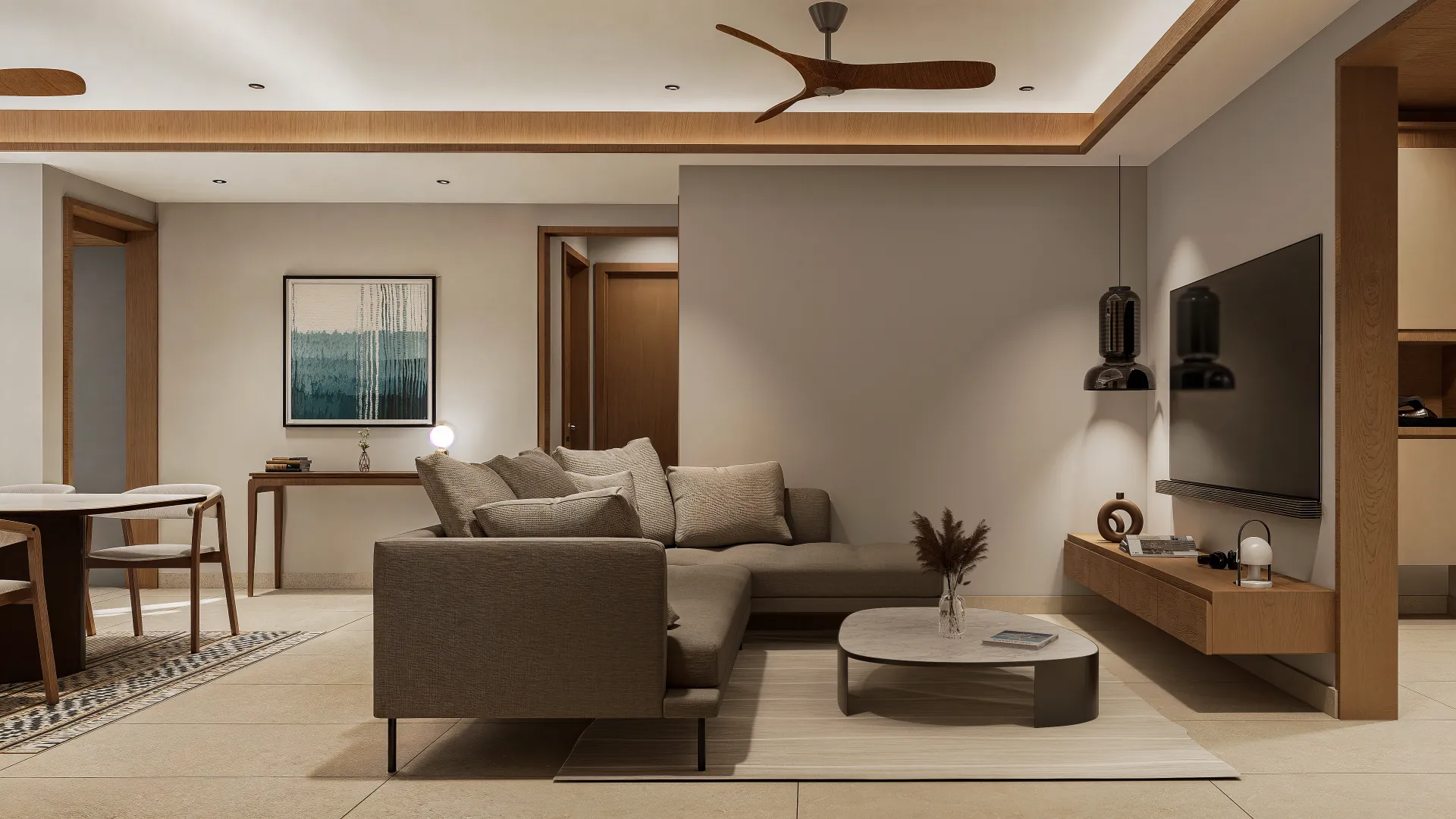 Open-plan living room with an L-shaped sofa, wall-mounted television over a floating wooden console and full-height windows