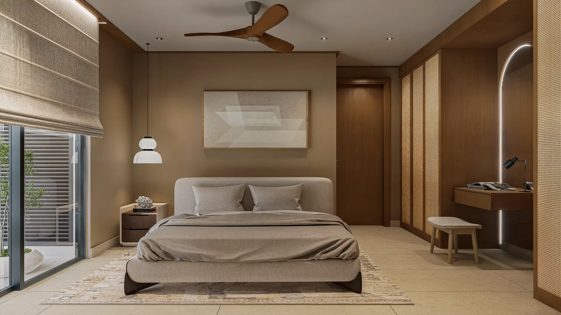 Master bedroom with an upholstered bed centred on a warm-toned wall, framed artwork, pendant light, fluted wardrobe run and a study nook by the balcony