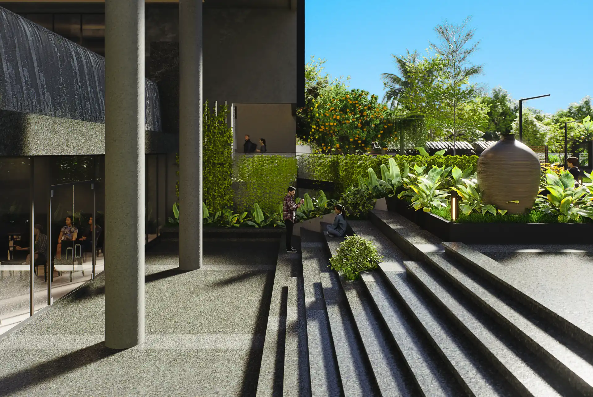 Clubhouse arrival steps below the cantilevered water wall, looking out to the terraced planting and lounge beyond the glazed frontage