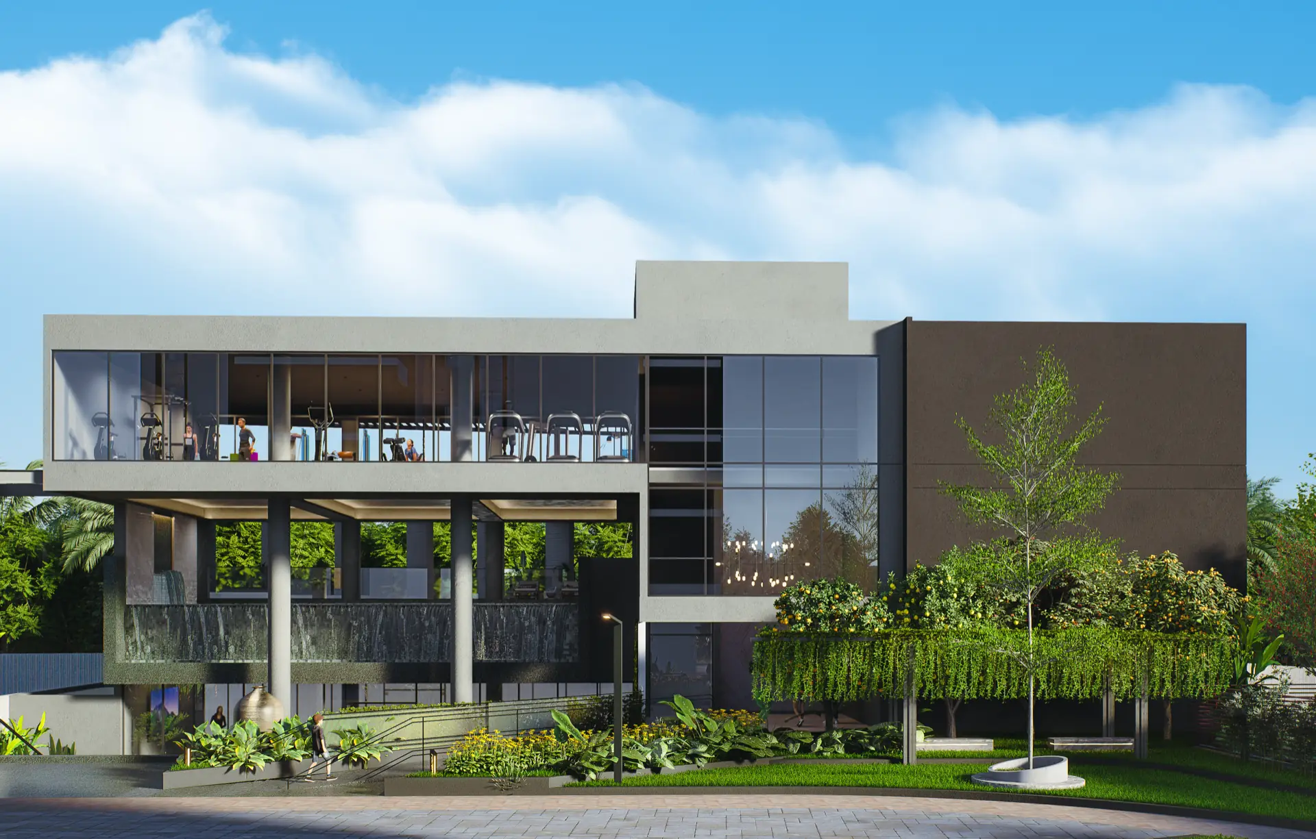 Front elevation of the clubhouse, showing the double-height glazed gym floor above the water feature and landscaped forecourt