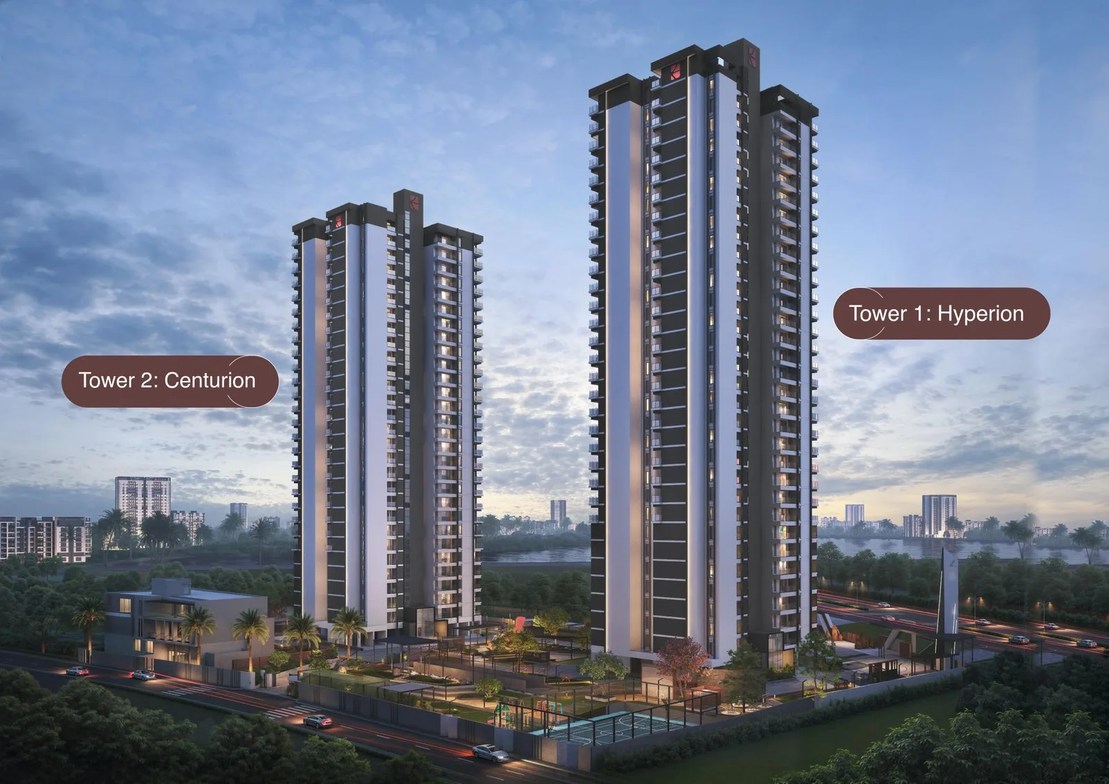 Dusk view of the two towers with their name labels — Tower 1: Hyperion in the foreground, Tower 2: Centurion behind — rising over the landscaped podium, sports court and boundary planting
